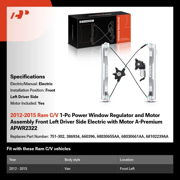 2012-2015 Ram C/V 1-Pc Power Window Regulator and Motor Assembly Front Left Driver Side Electric with Motor A-Premium APWR2322