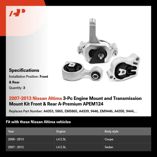 2007-2013 Nissan Altima 3-Pc Engine Mount and Transmission Mount Kit Front & Rear A-Premium APEM124