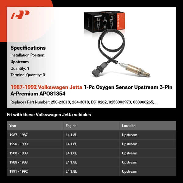 1987-1992 Volkswagen Jetta 1-Pc Oxygen Sensor Upstream 3-Pin A-Premium APOS1854