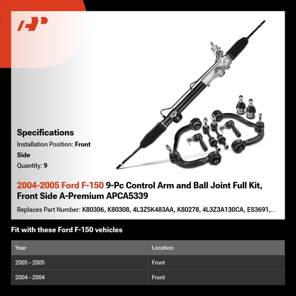 2004-2005 Ford F-150 9-Pc Control Arm and Ball Joint Full Kit, Front Side A-Premium APCA5339