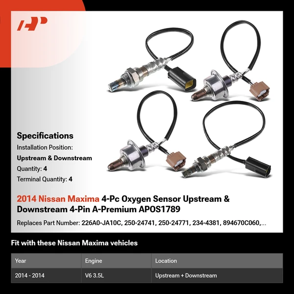 2014 Nissan Maxima 4-Pc Oxygen Sensor Upstream & Downstream 4-Pin A-Premium APOS1789