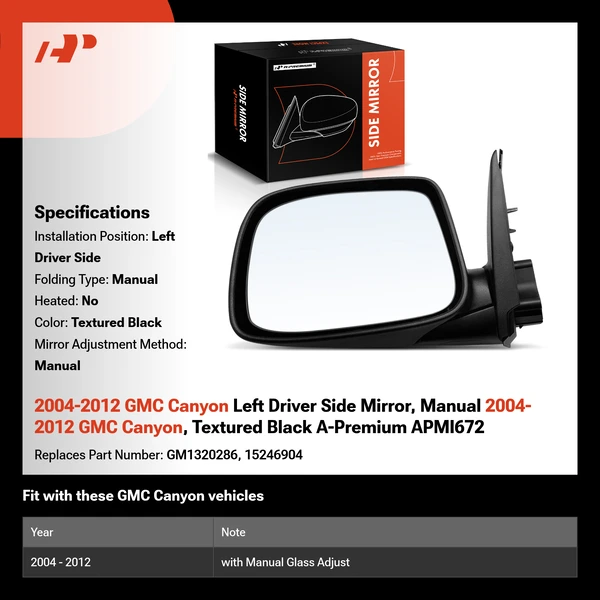 2004-2012 GMC Canyon Left Driver Side Mirror, Manual 2004-2012 GMC Canyon, Textured Black A-Premium APMI672