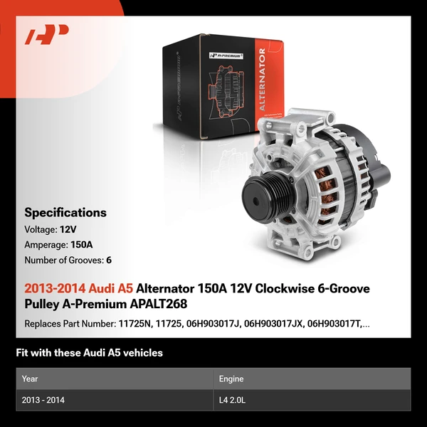 2013-2014 Audi A5 Alternator 150A 12V Clockwise 6-Groove Pulley A-Premium APALT268