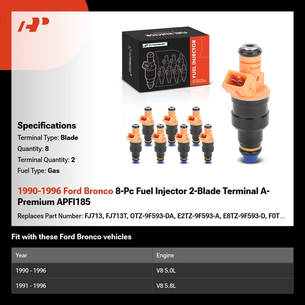 1990-1996 Ford Bronco 8-Pc Fuel Injector 2-Blade Terminal A-Premium APFI185