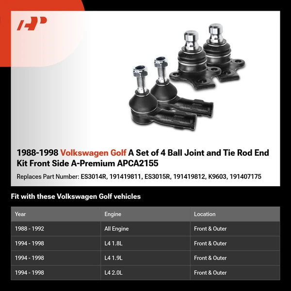 1988-1998 Volkswagen Golf A Set of 4 Ball Joint and Tie Rod End Kit Front Side A-Premium APCA2155
