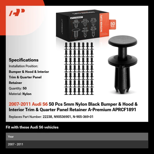 2007-2011 Audi S6 50 Pcs 5mm Nylon Black Bumper & Hood & Interior Trim & Quarter Panel Retainer A-Premium APRCF1891