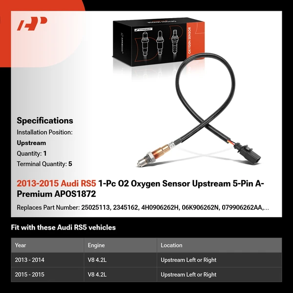 2013-2015 Audi RS5 1-Pc O2 Oxygen Sensor Upstream 5-Pin A-Premium APOS1872