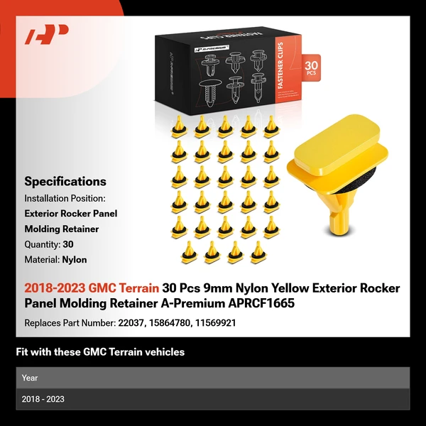 2018-2023 GMC Terrain 30 Pcs 9mm Nylon Yellow Exterior Rocker Panel Molding Retainer A-Premium APRCF1665