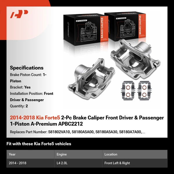 2014-2018 Kia Forte5 2-Pc Brake Caliper Front Driver & Passenger 1-Piston A-Premium APBC2212