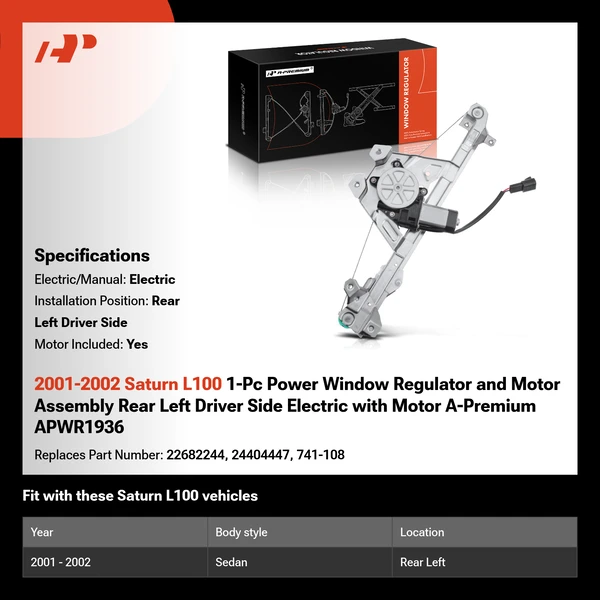 2001-2002 Saturn L100 1-Pc Power Window Regulator and Motor Assembly Rear Left Driver Side Electric with Motor A-Premium APWR1936