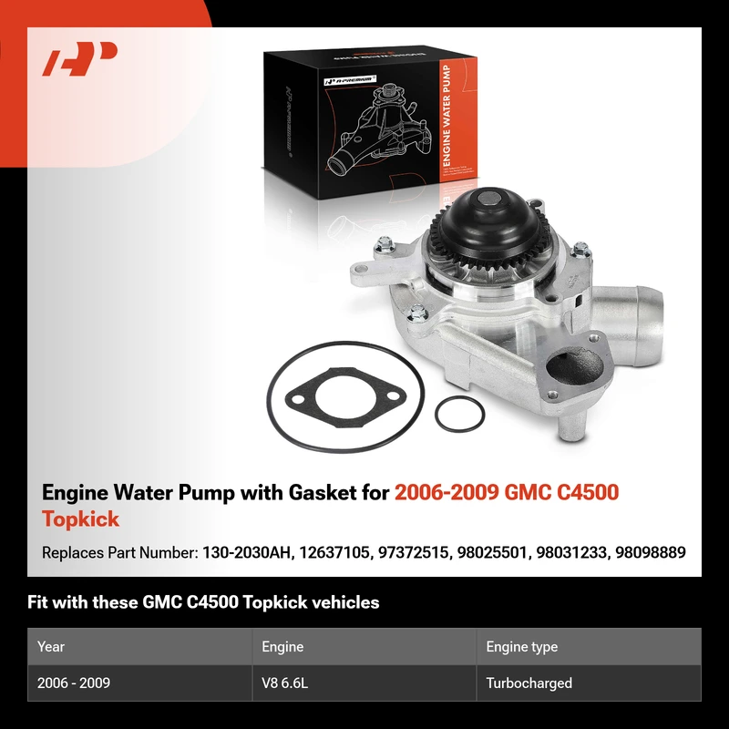 Engine Water Pump with Gasket for 2006-2009 GMC C4500 Topkick
