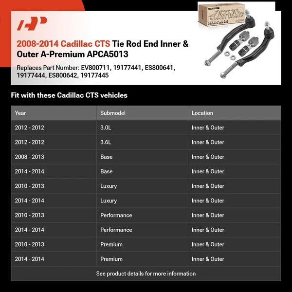 2008-2014 Cadillac CTS Tie Rod End Inner & Outer A-Premium APCA5013