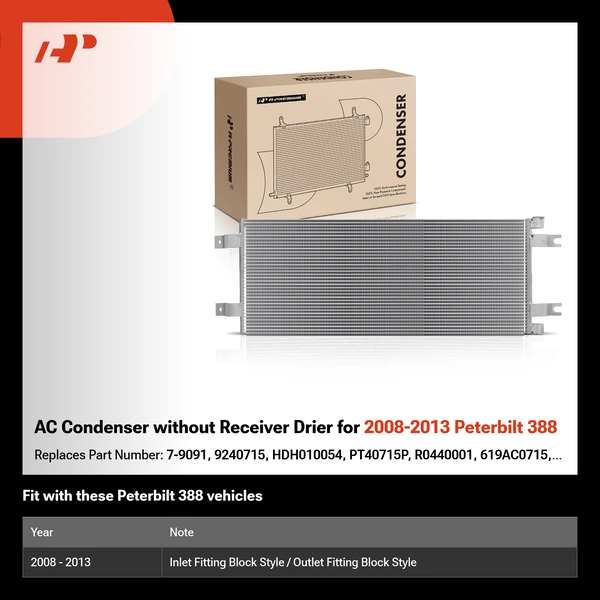 AC Condenser without Receiver Drier for 2008-2013 Peterbilt 388