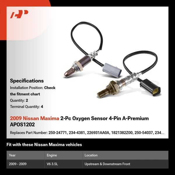 2009 Nissan Maxima 2-Pc Oxygen Sensor 4-Pin A-Premium APOS1202