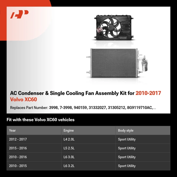 AC Condenser & Single Cooling Fan Assembly Kit for 2010-2017 Volvo XC60