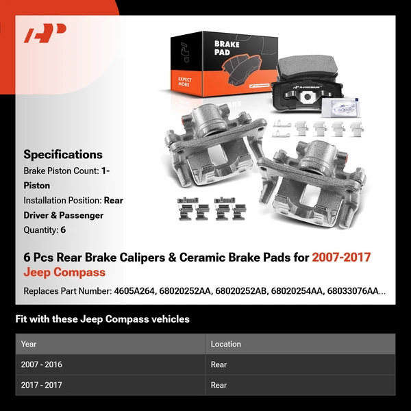 6 Pcs Rear Brake Calipers & Ceramic Brake Pads for 2007-2017 Jeep Compass