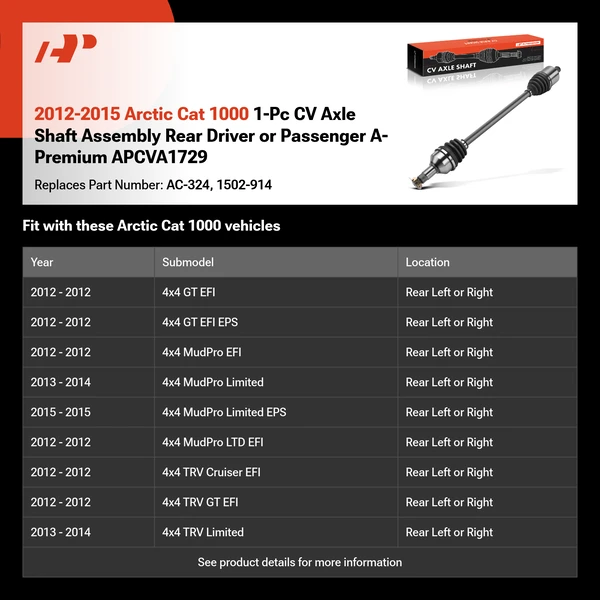 2012-2015 Arctic Cat 1000 1-Pc CV Axle Shaft Assembly Rear Driver or Passenger A-Premium APCVA1729