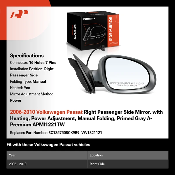 2006-2010 Volkswagen Passat Right Passenger Side Mirror, with Heating, Power Adjustment, Manual Folding, Primed Gray A-Premium APMI1221TW