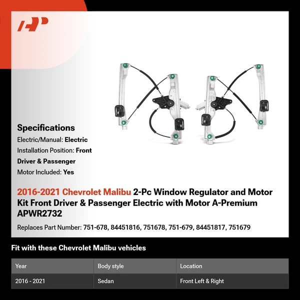 2016-2021 Chevrolet Malibu 2-Pc Window Regulator and Motor Kit Front Driver & Passenger Electric with Motor A-Premium APWR2732