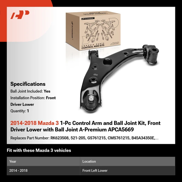 2014-2018 Mazda 3 1-Pc Control Arm and Ball Joint Kit, Front Driver Lower with Ball Joint A-Premium APCA5669