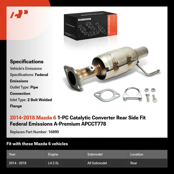 2014-2018 Mazda 6 1-PC Catalytic Converter Rear Side Fit Federal Emissions A-Premium APCCT778