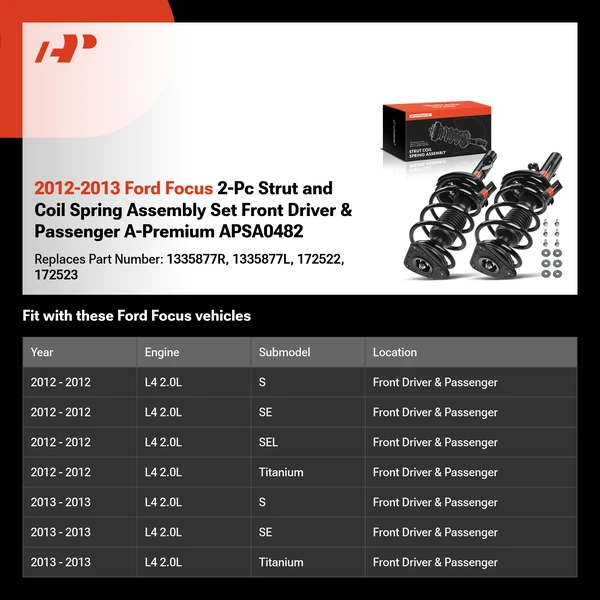 2012-2013 Ford Focus 2-Pc Strut and Coil Spring Assembly Set Front Driver & Passenger A-Premium APSA0482