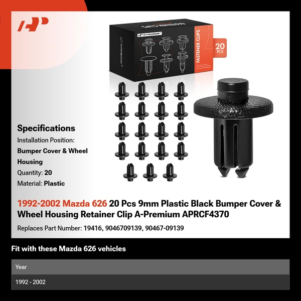 1992-2002 Mazda 626 20 Pcs 9mm Plastic Black Bumper Cover & Wheel Housing Retainer Clip A-Premium APRCF4370