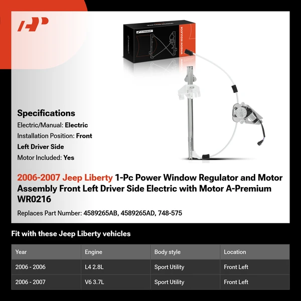 2006-2007 Jeep Liberty 1-Pc Power Window Regulator and Motor Assembly Front Left Driver Side Electric with Motor A-Premium WR0216
