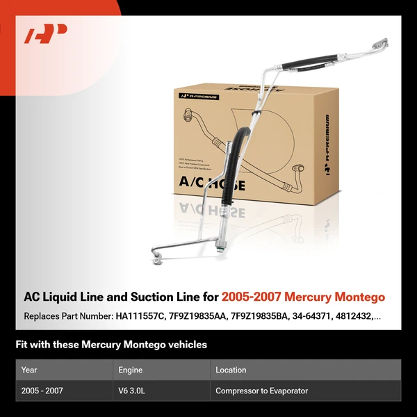 AC Liquid Line and Suction Line for 2005-2007 Mercury Montego