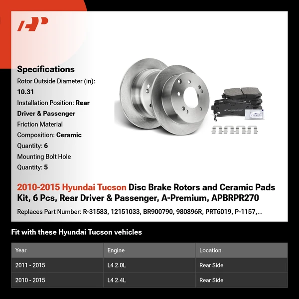 2010-2015 Hyundai Tucson Disc Brake Rotors and Ceramic Pads Kit, 6 Pcs, Rear Driver & Passenger, A-Premium, APBRPR270