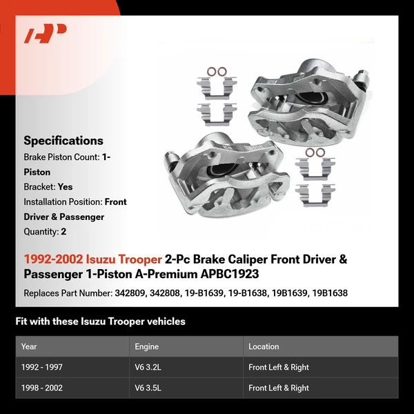 1992-2002 Isuzu Trooper 2-Pc Brake Caliper Front Driver & Passenger 1-Piston A-Premium APBC1923
