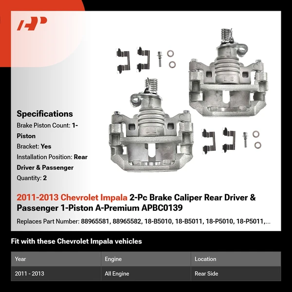 2011-2013 Chevrolet Impala 2-Pc Brake Caliper Rear Driver & Passenger 1-Piston A-Premium APBC0139