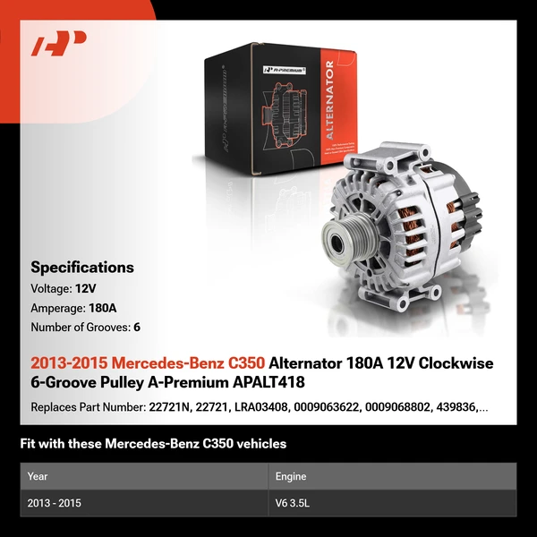 2013-2015 Mercedes-Benz C350 Alternator 180A 12V Clockwise 6-Groove Pulley A-Premium APALT418