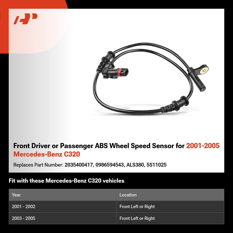 Front Driver or Passenger ABS Wheel Speed Sensor for 2001-2005 Mercedes-Benz C320