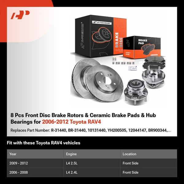 8 Pcs Front Disc Brake Rotors & Ceramic Brake Pads & Hub Bearings for 2006-2012 Toyota RAV4