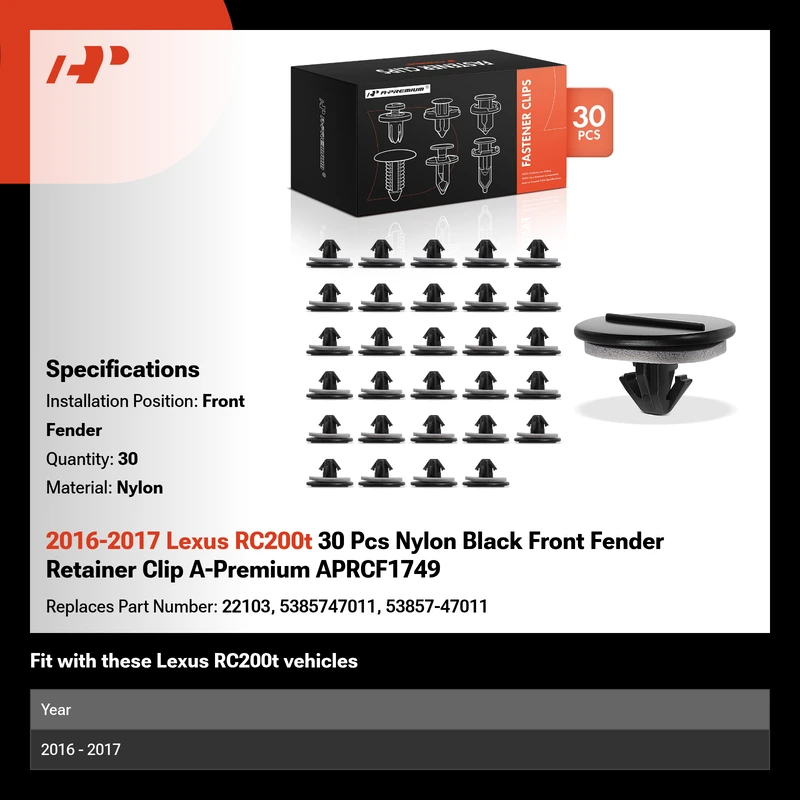 2016-2017 Lexus RC200t 30 Pcs Nylon Black Front Fender Retainer Clip A-Premium APRCF1749