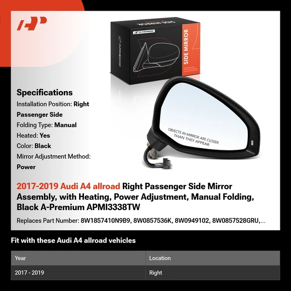 2017-2019 Audi A4 allroad Right Passenger Side Mirror Assembly, with Heating, Power Adjustment, Manual Folding, Black A-Premium APMI3338TW