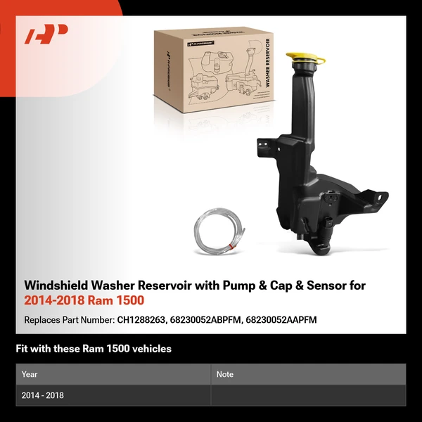 Windshield Washer Reservoir with Pump & Cap & Sensor for 2014-2018 Ram 1500