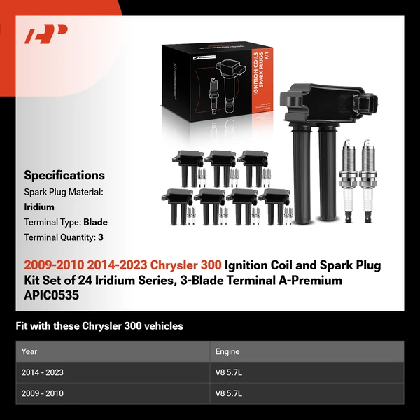 2009-2010 2014-2023 Chrysler 300 Ignition Coil and Spark Plug Kit Set of 24 Iridium Series, 3-Blade Terminal A-Premium APIC0535