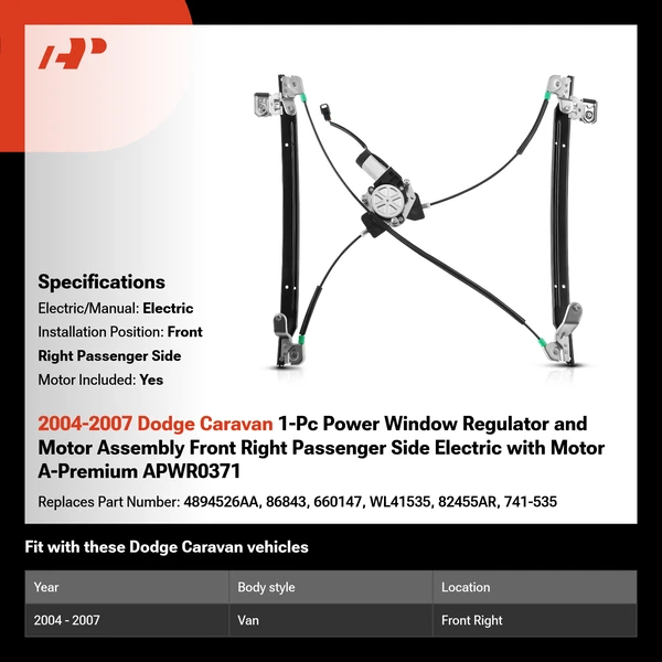 2004-2007 Dodge Caravan 1-Pc Power Window Regulator and Motor Assembly Front Right Passenger Side Electric with Motor A-Premium APWR0371