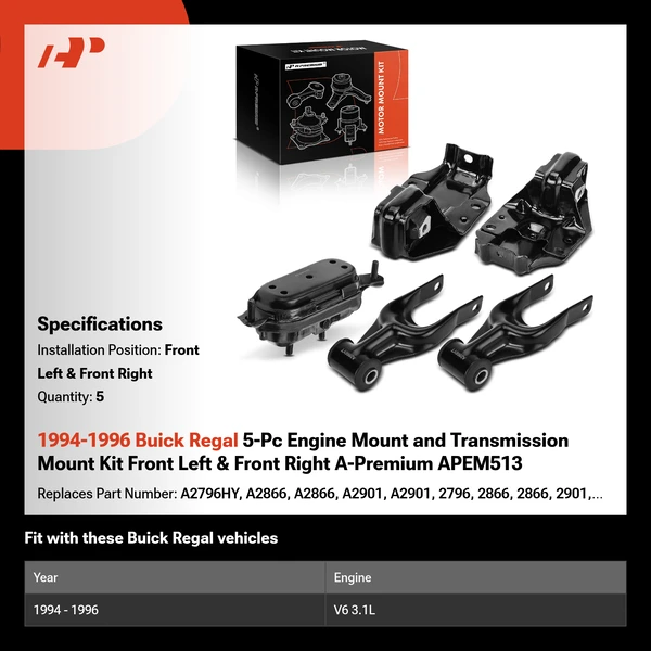 1994-1996 Buick Regal 5-Pc Engine Mount and Transmission Mount Kit Front Left & Front Right A-Premium APEM513
