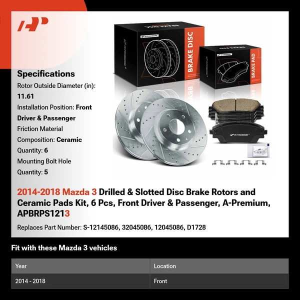 2014-2018 Mazda 3 Drilled & Slotted Disc Brake Rotors and Ceramic Pads Kit, 6 Pcs, Front Driver & Passenger, A-Premium, APBRPS1213