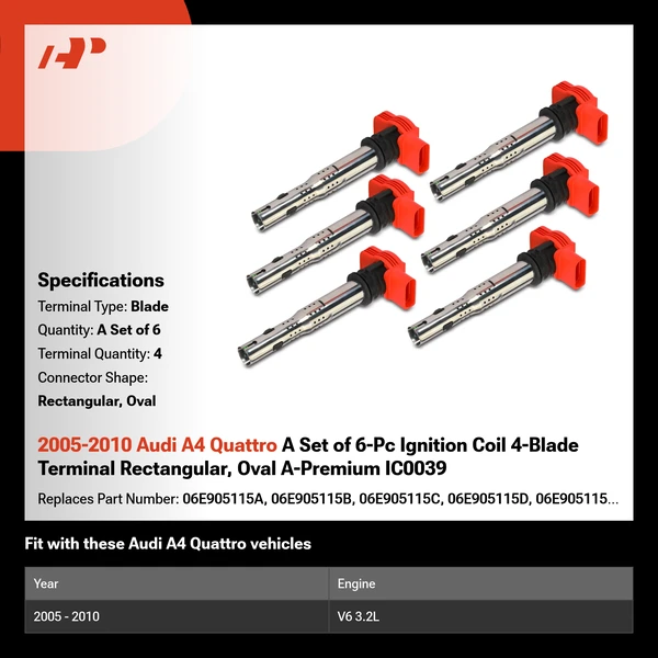 2005-2010 Audi A4 Quattro A Set of 6-Pc Ignition Coil 4-Blade Terminal Rectangular, Oval A-Premium IC0039