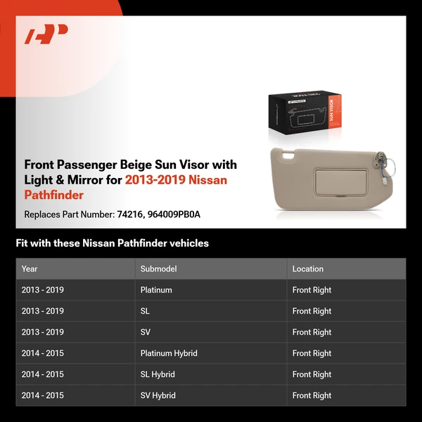 Front Passenger Beige Sun Visor with Light & Mirror for 2013-2019 Nissan Pathfinder