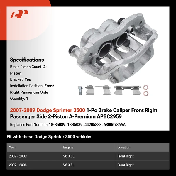 2007-2009 Dodge Sprinter 3500 1-Pc Brake Caliper Front Right Passenger Side 2-Piston A-Premium APBC2959