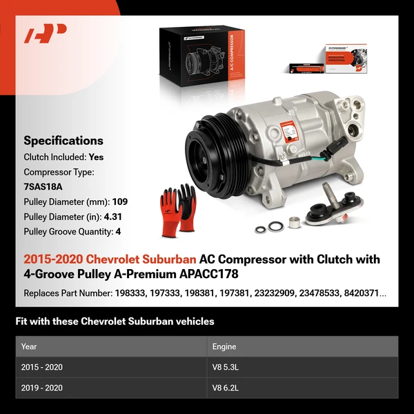 2015-2020 Chevrolet Suburban AC Compressor with Clutch with 4-Groove Pulley A-Premium APACC178