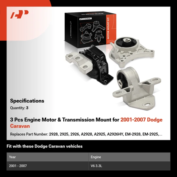 3 Pcs Engine Motor & Transmission Mount for 2001-2007 Dodge Caravan