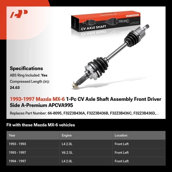 1993-1997 Mazda MX-6 1-Pc CV Axle Shaft Assembly Front Driver Side A-Premium APCVA995