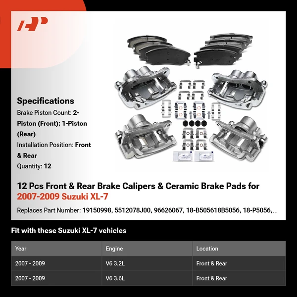 12 Pcs Front & Rear Brake Calipers & Ceramic Brake Pads for 2007-2009 Suzuki XL-7