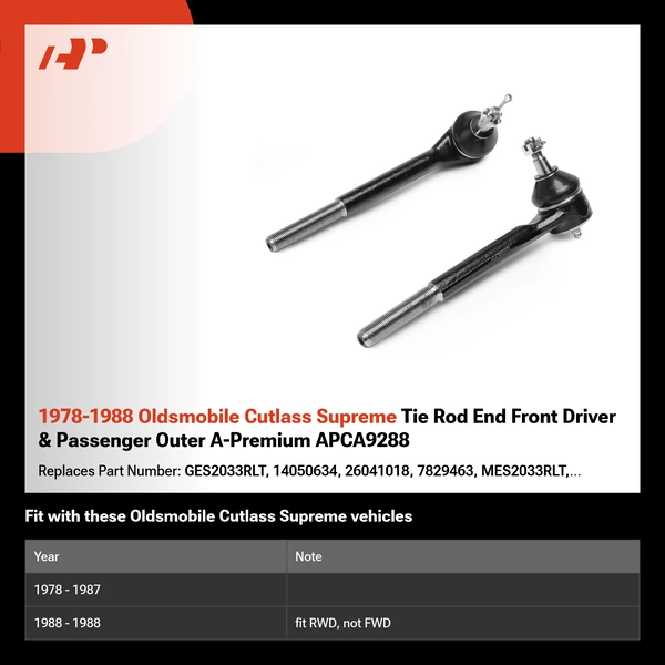 1978-1988 Oldsmobile Cutlass Supreme Tie Rod End Front Driver & Passenger Outer A-Premium APCA9288